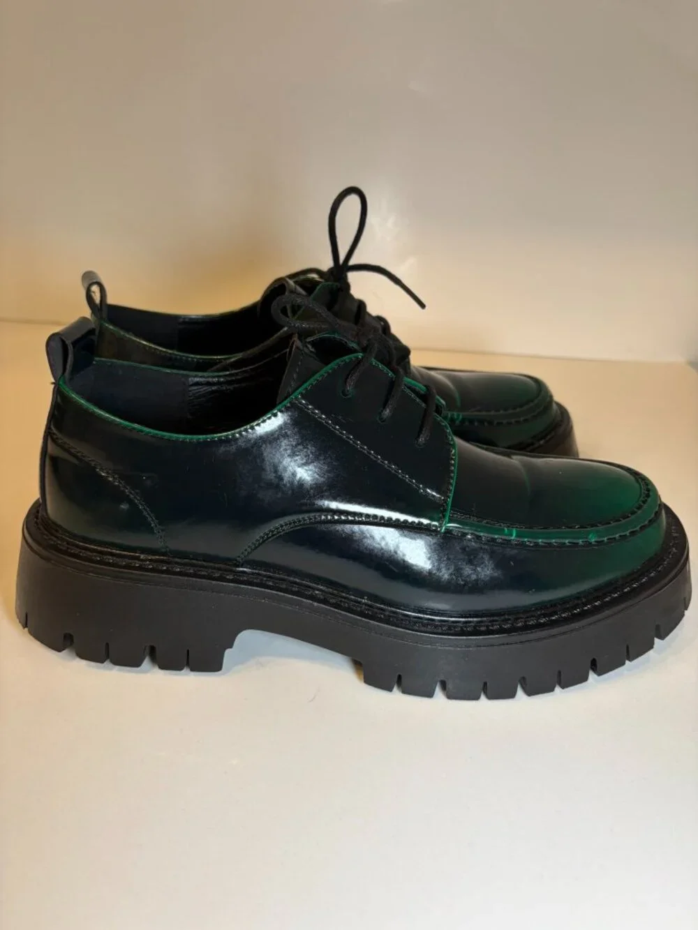 Vintage Green Black Patent Platform Derby Oxford Lug Sole Shoes EU 38 7 7.5